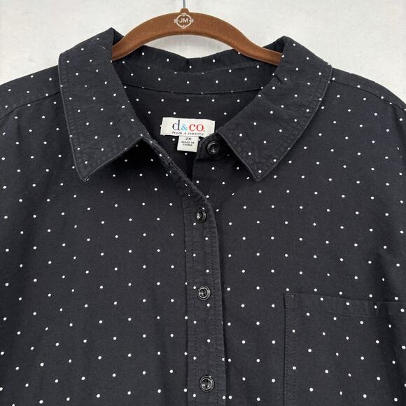 Denim & Co Tunic Blouse Size 2X Black White Polka Dot Button Up Roll Tab Sleeves - Picture 2 of 11